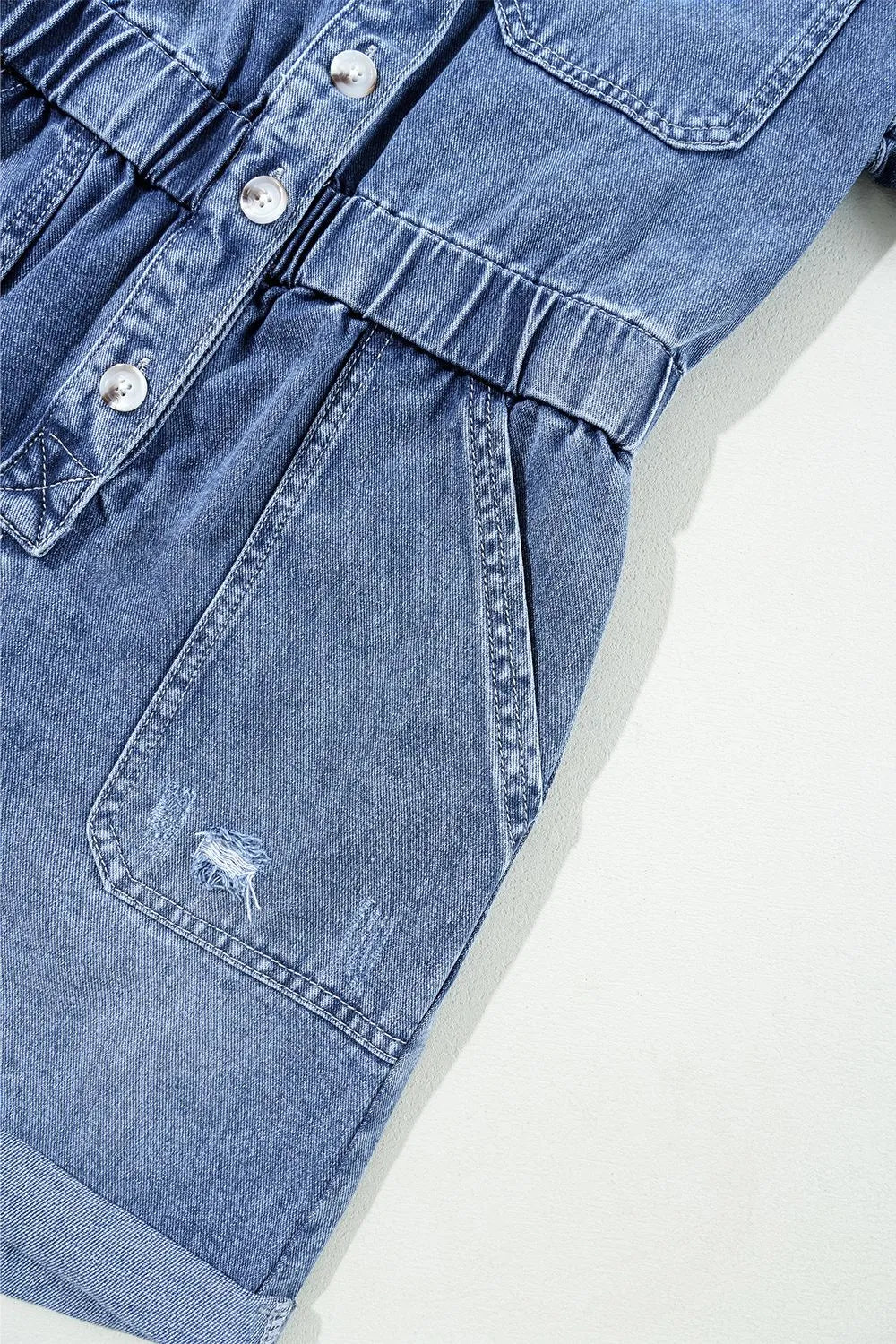 Chest Pocket Front Buttoned Folded Edge Denim Short Sleeve Romper - Valley Mimosa