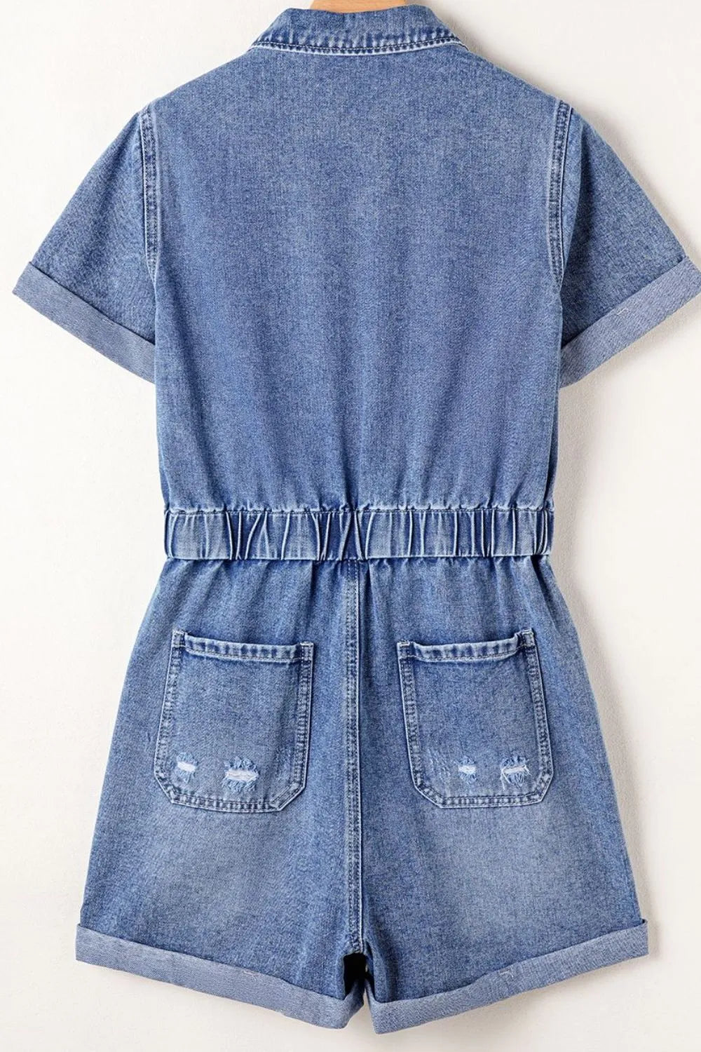 Chest Pocket Front Buttoned Folded Edge Denim Short Sleeve Romper - Valley Mimosa