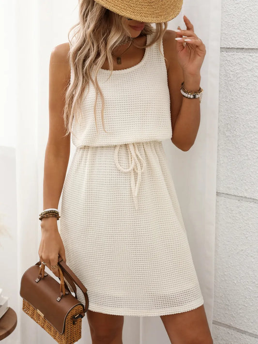 Waffle-Knit Drawstring Mini Tank Dress - Valley Mimosa