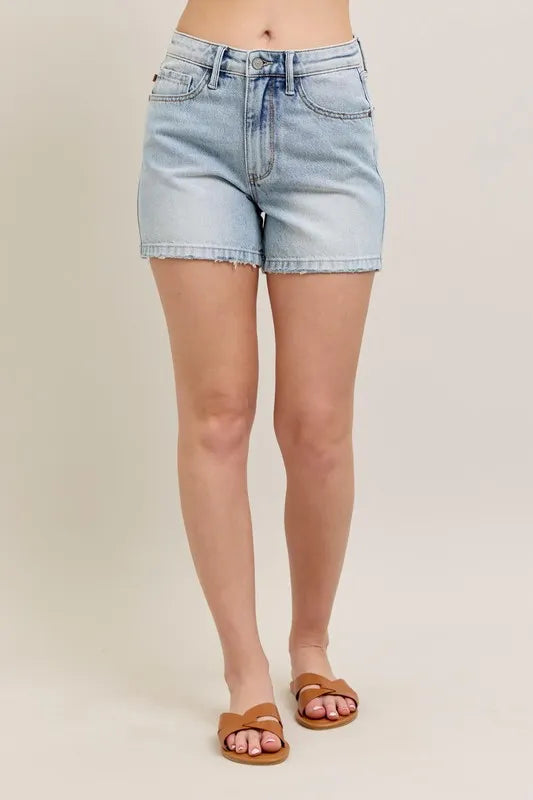Judy Blue Full Size Frayed Hem High Rise Denim Shorts with Pockets Plus Size - Valley Mimosa