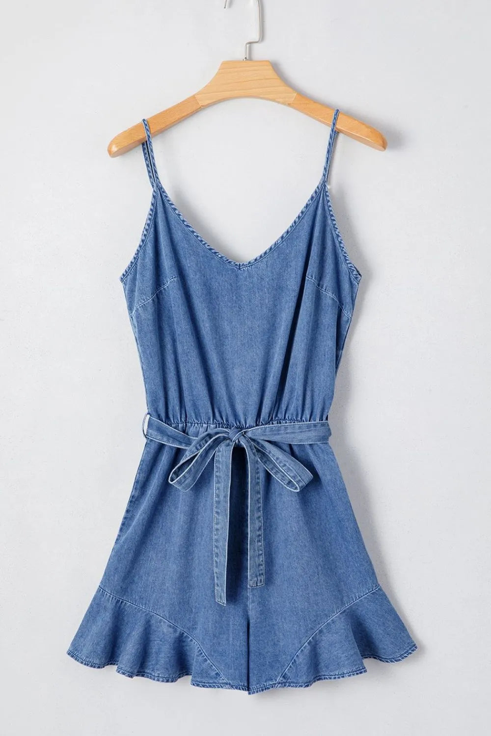 Spaghetti Straps V Neck Belted Ruffled Leg Chambray Romper - Valley Mimosa