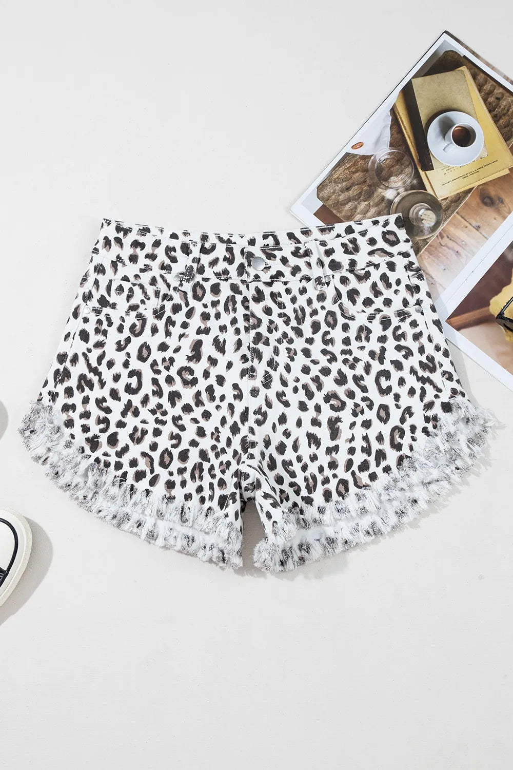 Leopard Frayed Hem Denim Shorts - Valley Mimosa