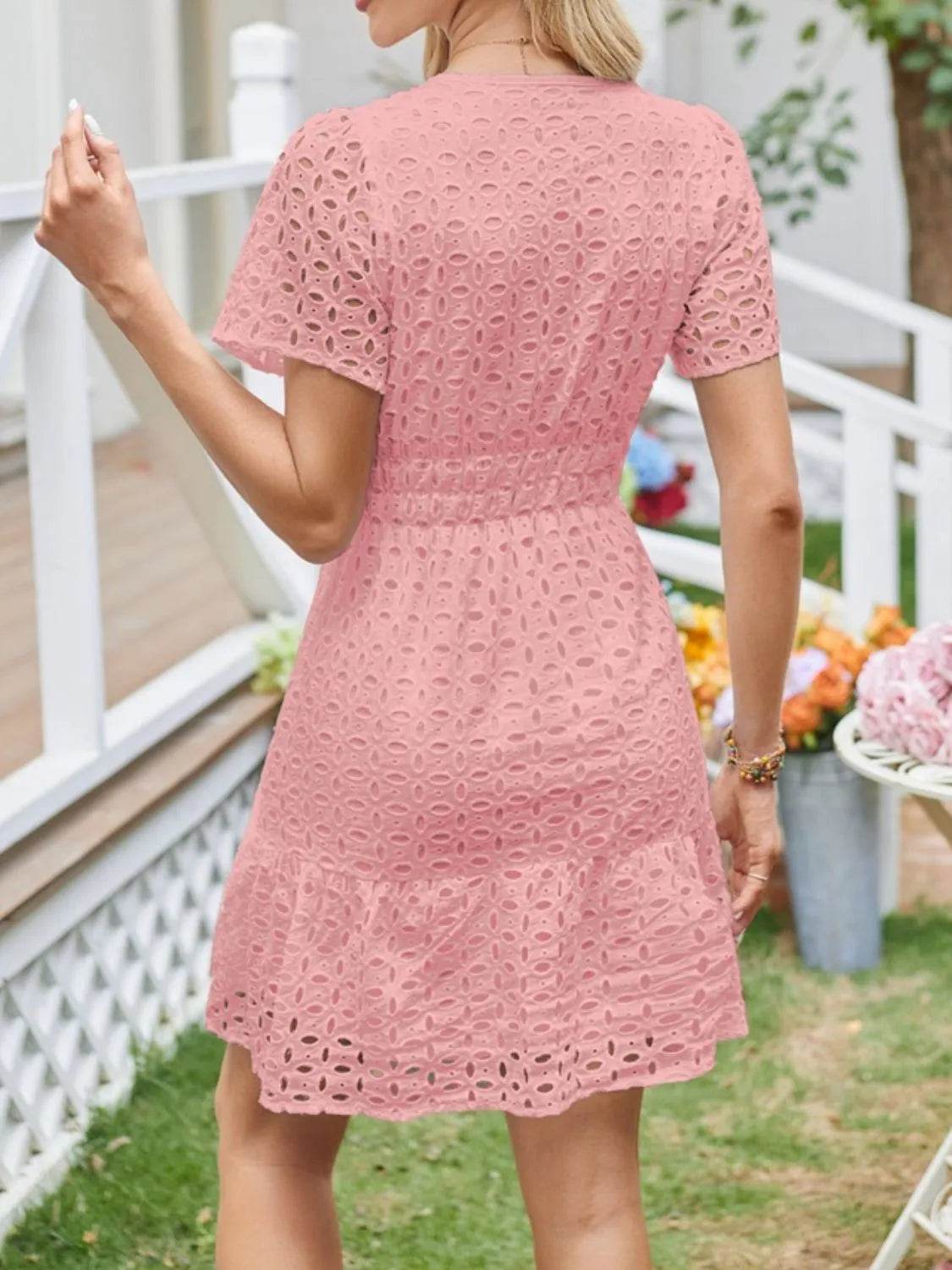 Eyelet Notched Short Sleeve Dress - Valley Mimosa