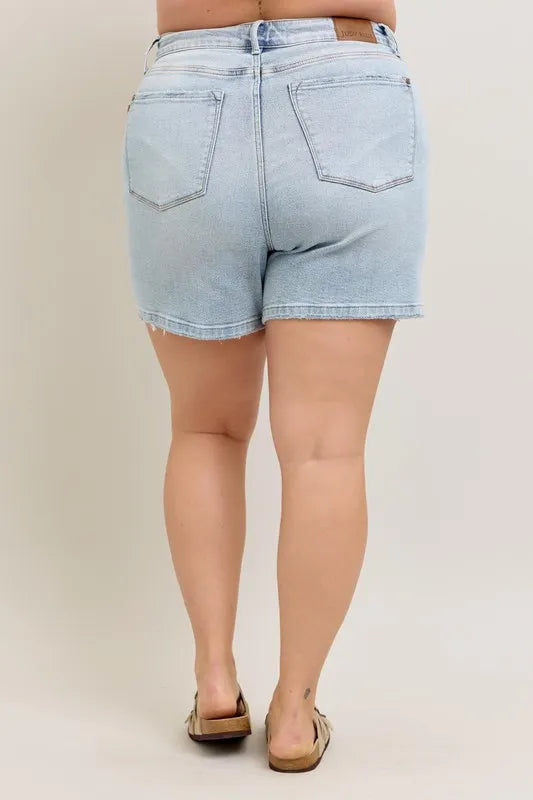 Judy Blue Full Size Frayed Hem High Rise Denim Shorts with Pockets Plus Size - Valley Mimosa
