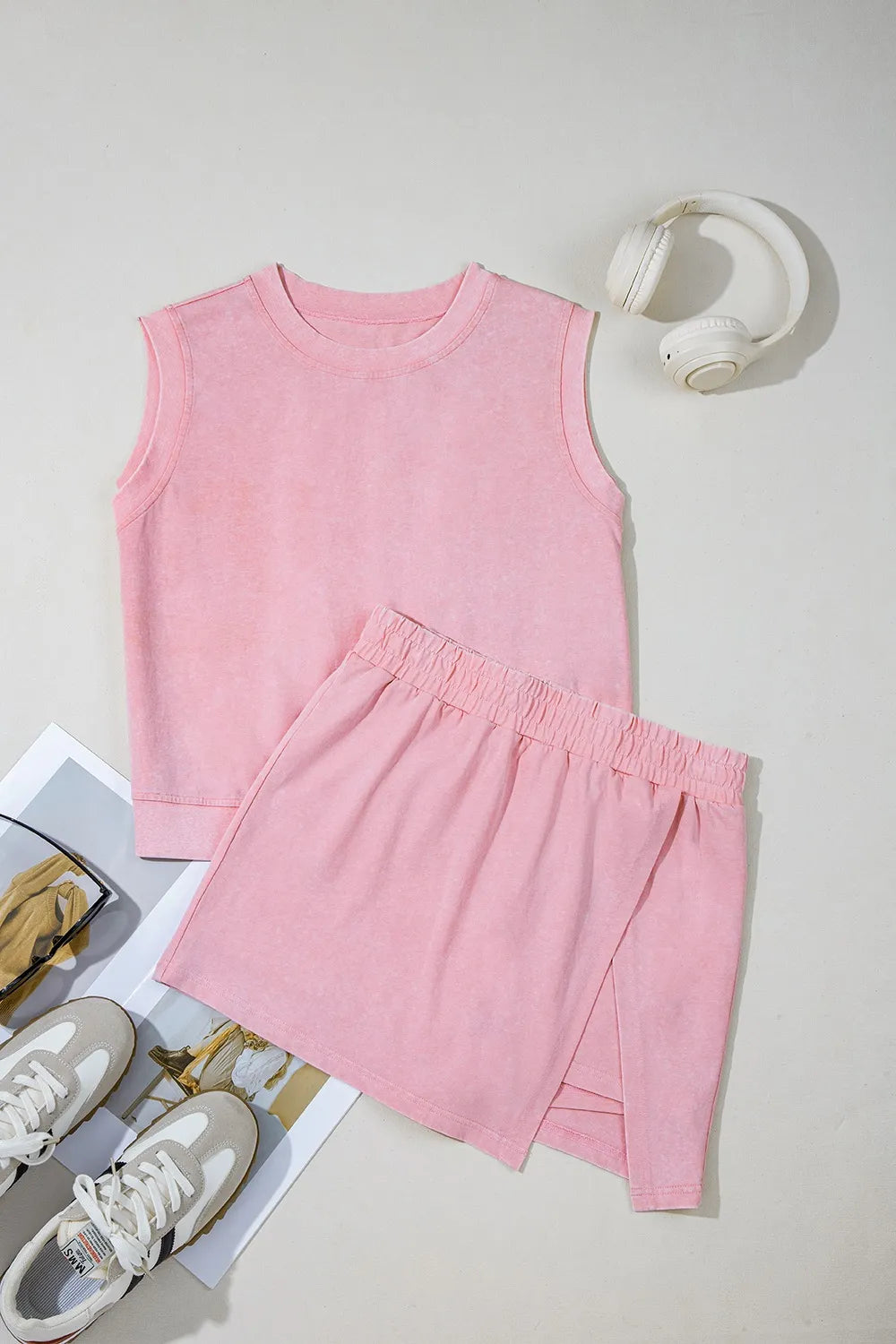 Mineral Wash Cotton Tank Top and Slit Skort Set - Valley Mimosa