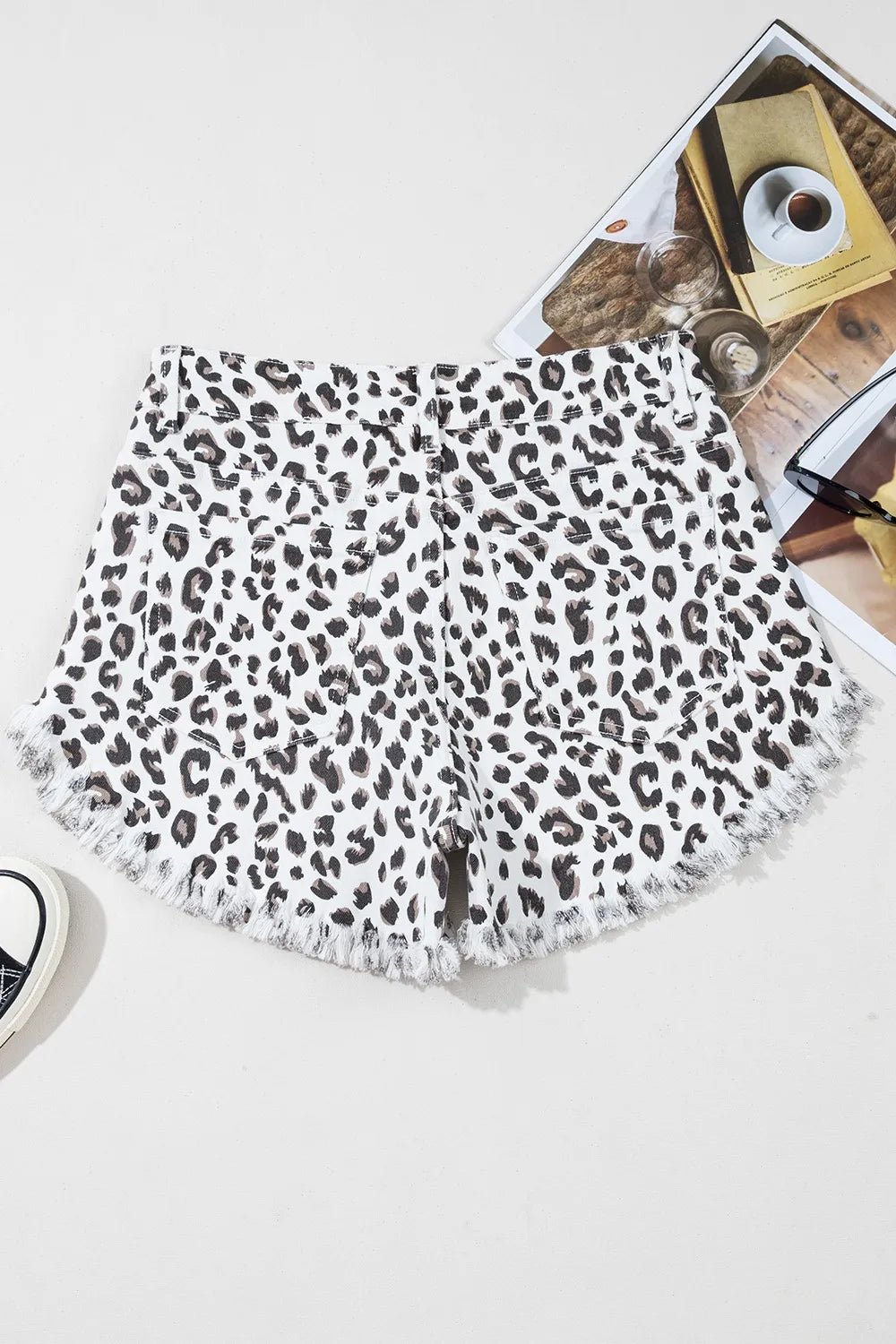 Leopard Frayed Hem Denim Shorts - Valley Mimosa