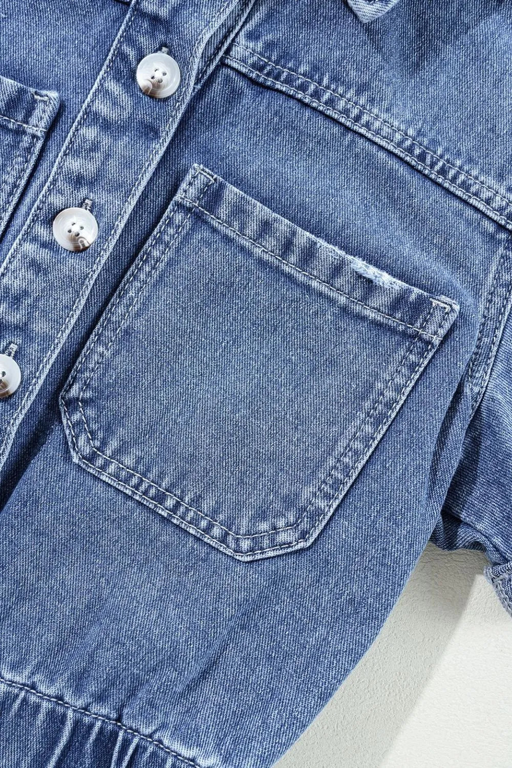 Chest Pocket Front Buttoned Folded Edge Denim Short Sleeve Romper - Valley Mimosa
