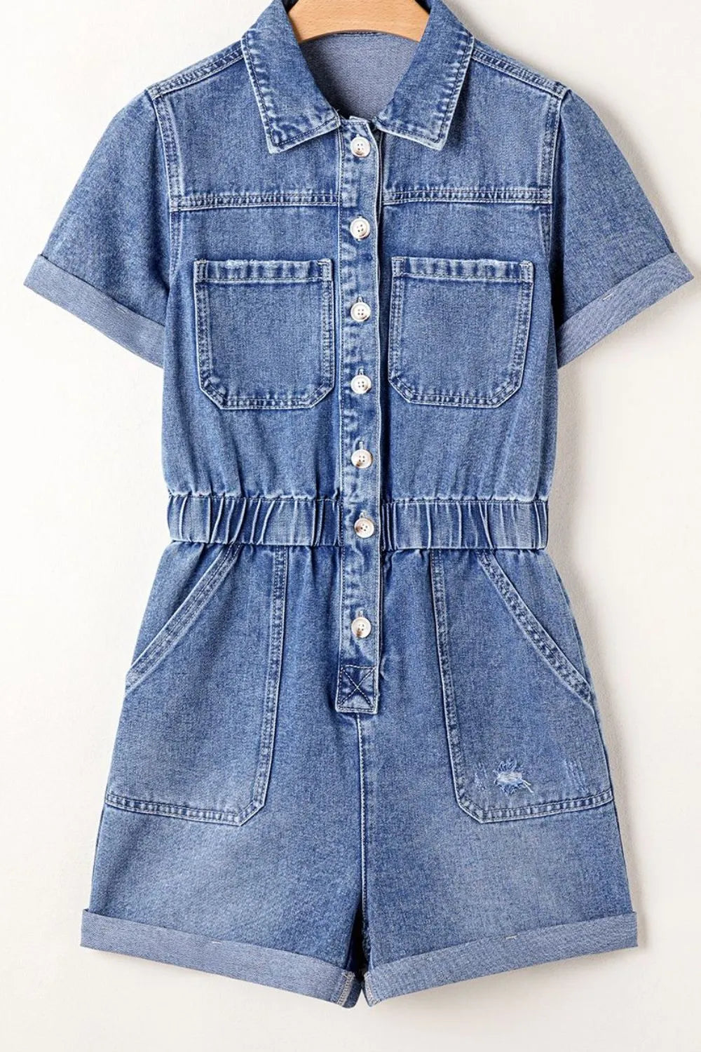 Chest Pocket Front Buttoned Folded Edge Denim Short Sleeve Romper - Valley Mimosa