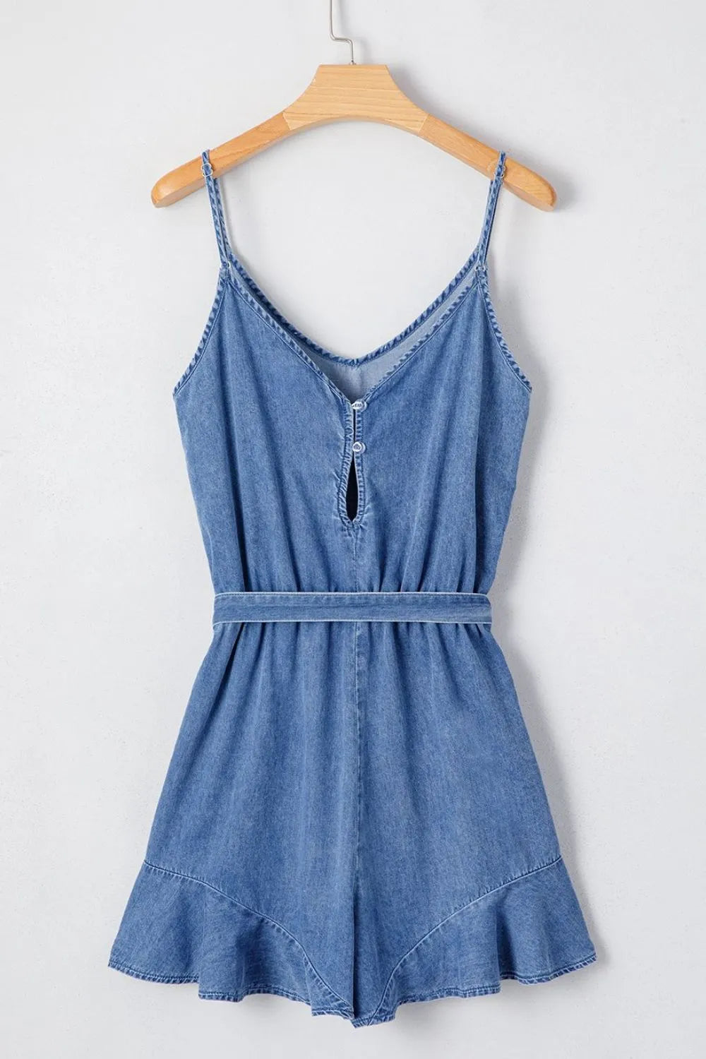 Spaghetti Straps V Neck Belted Ruffled Leg Chambray Romper - Valley Mimosa