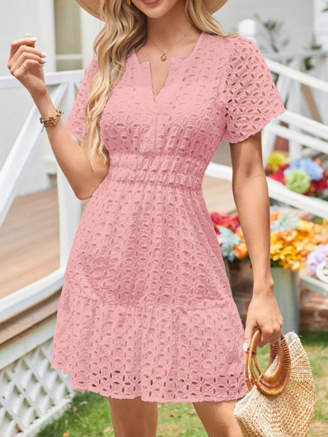 Eyelet Notched Short Sleeve Dress - Valley Mimosa