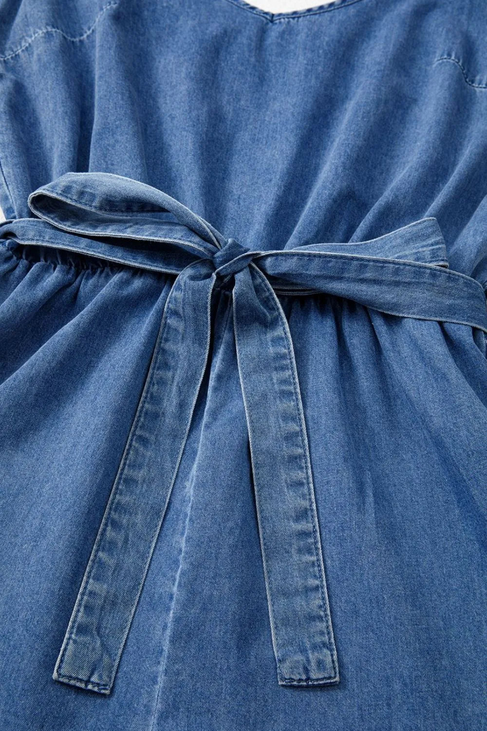 Spaghetti Straps V Neck Belted Ruffled Leg Chambray Romper - Valley Mimosa