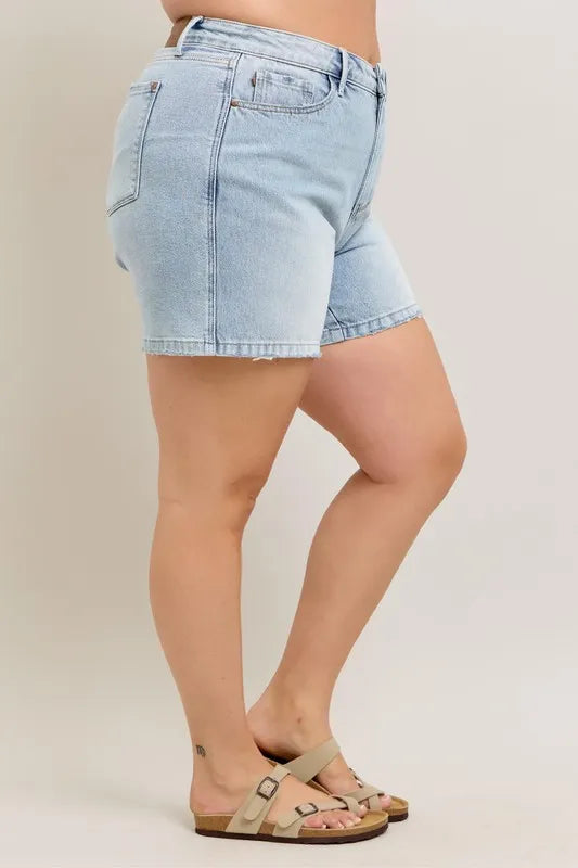 Judy Blue Full Size Frayed Hem High Rise Denim Shorts with Pockets Plus Size - Valley Mimosa