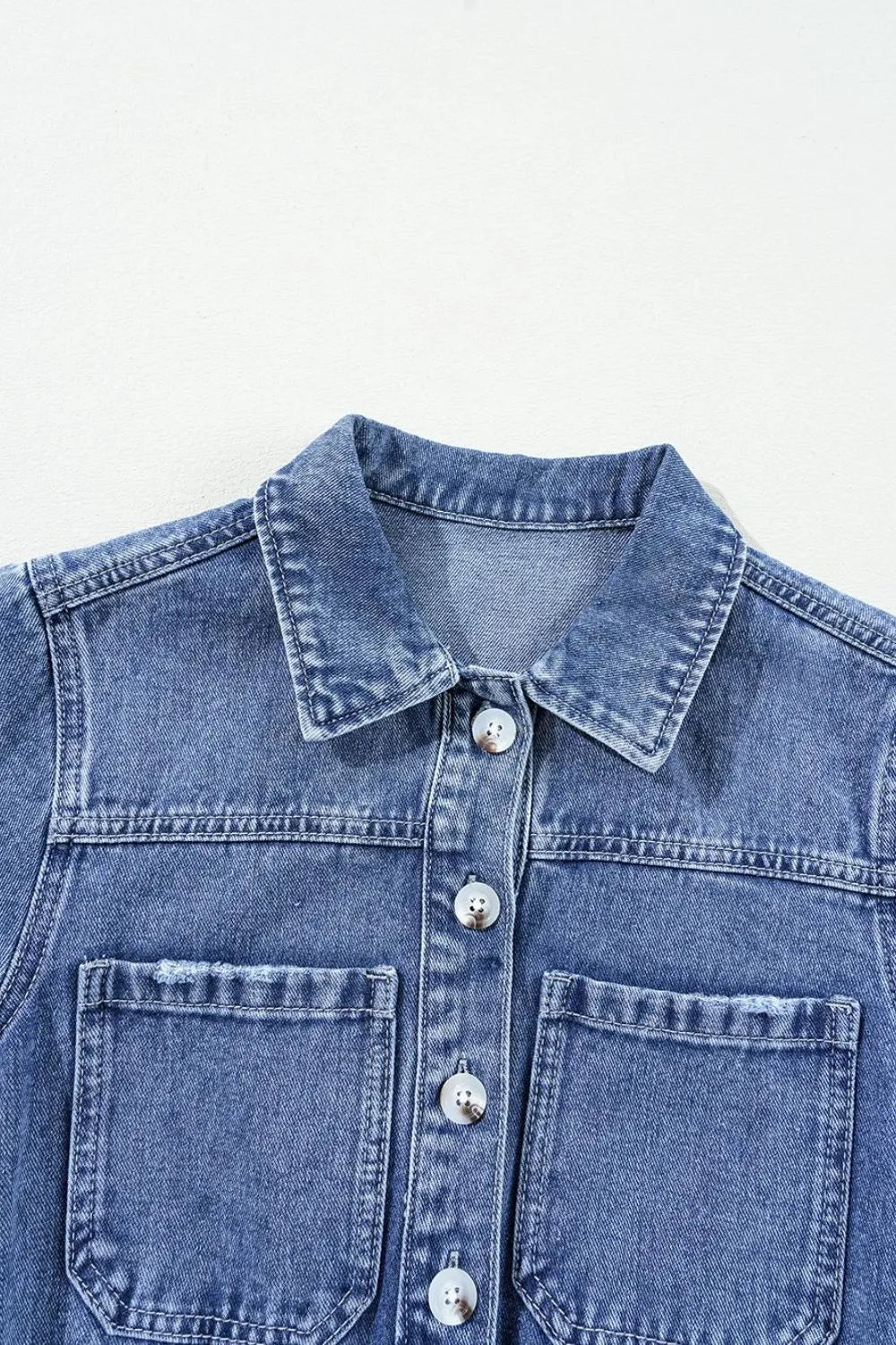 Chest Pocket Front Buttoned Folded Edge Denim Short Sleeve Romper - Valley Mimosa