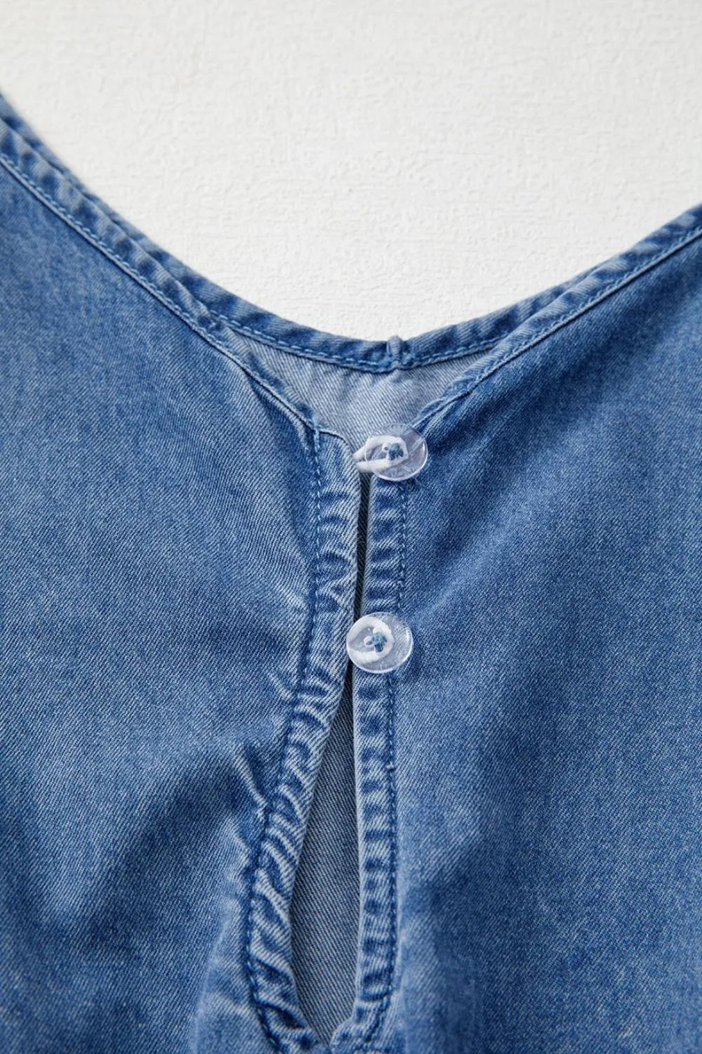 Spaghetti Straps V Neck Belted Ruffled Leg Chambray Romper - Valley Mimosa