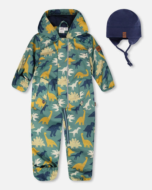 Baby Mid-Season One-Piece Outerwear With Hat Green Dinosaur Print