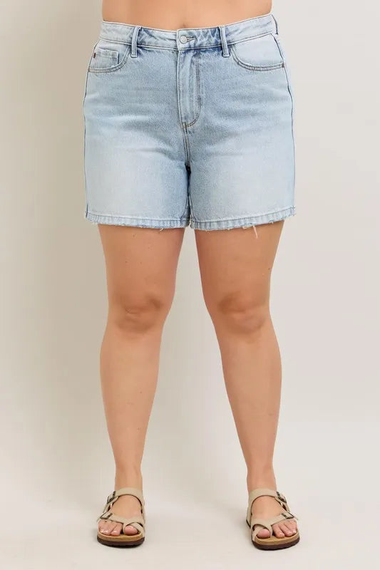 Judy Blue Full Size Frayed Hem High Rise Denim Shorts with Pockets Plus Size - Valley Mimosa
