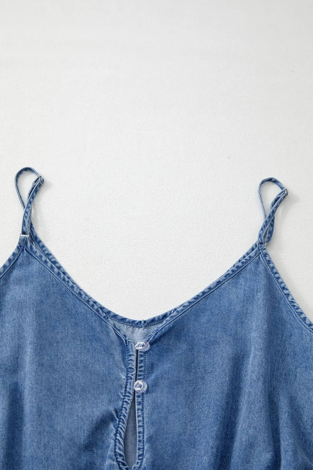 Spaghetti Straps V Neck Belted Ruffled Leg Chambray Romper - Valley Mimosa