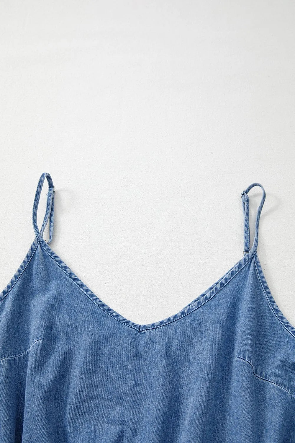 Spaghetti Straps V Neck Belted Ruffled Leg Chambray Romper - Valley Mimosa