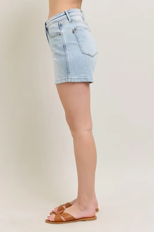 Judy Blue Full Size Frayed Hem High Rise Denim Shorts with Pockets Plus Size - Valley Mimosa