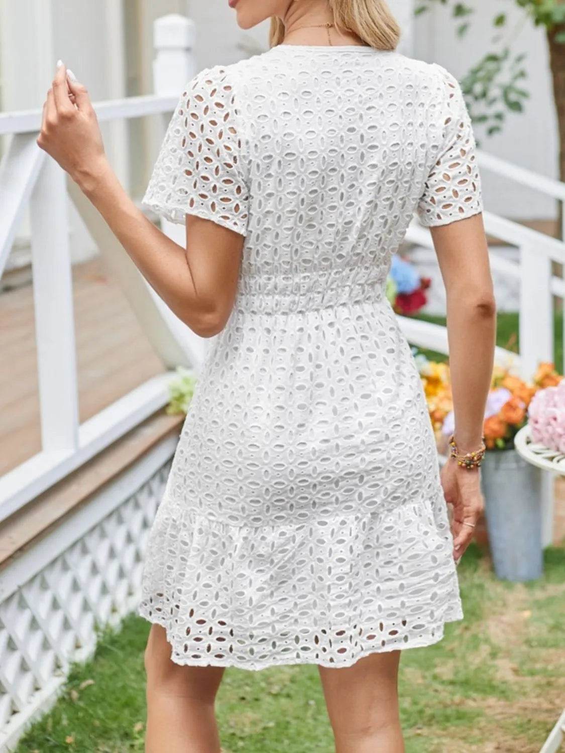Eyelet Notched Short Sleeve Dress - Valley Mimosa