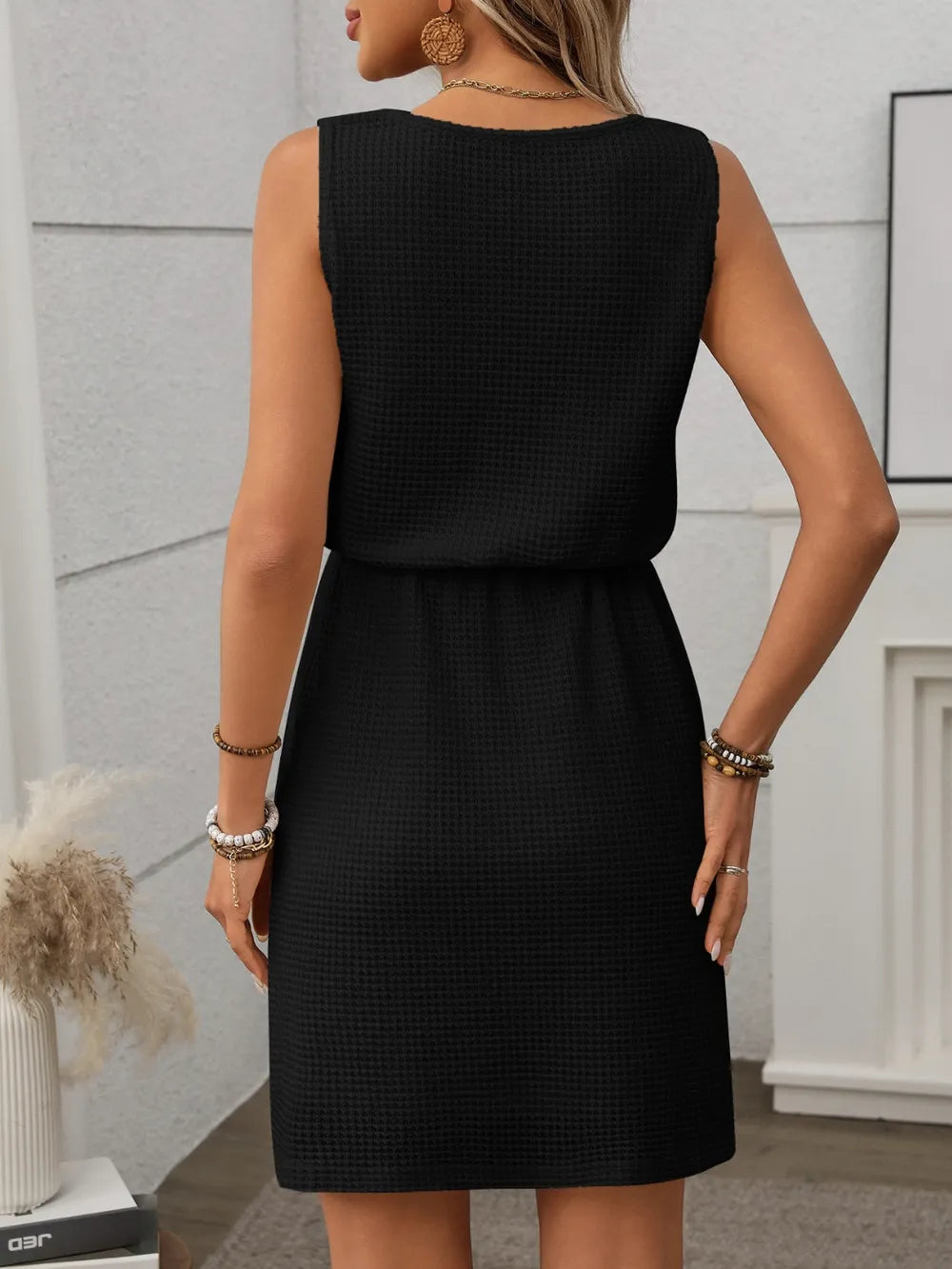 Waffle-Knit Drawstring Mini Tank Dress - Valley Mimosa