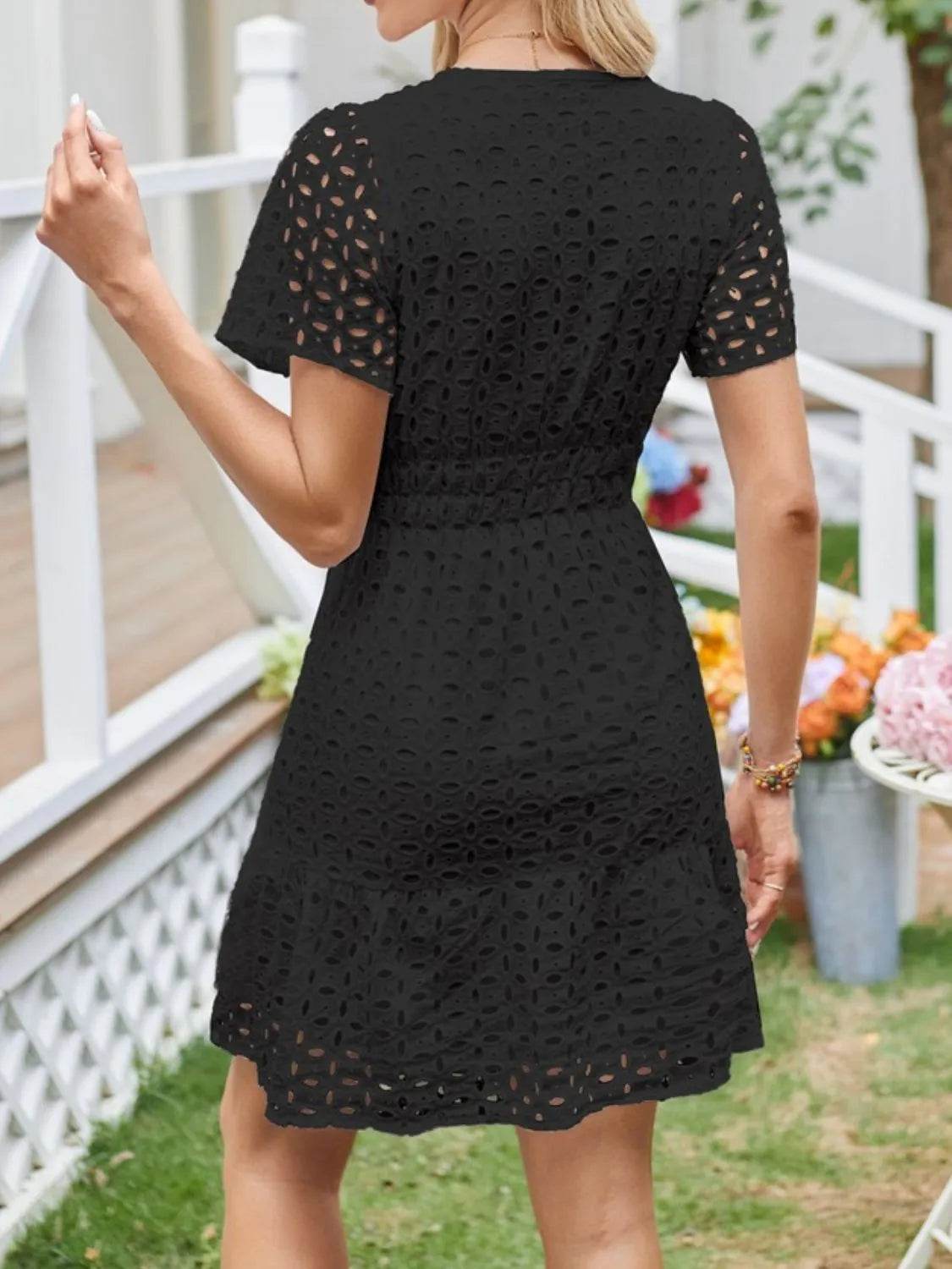 Eyelet Notched Short Sleeve Dress - Valley Mimosa