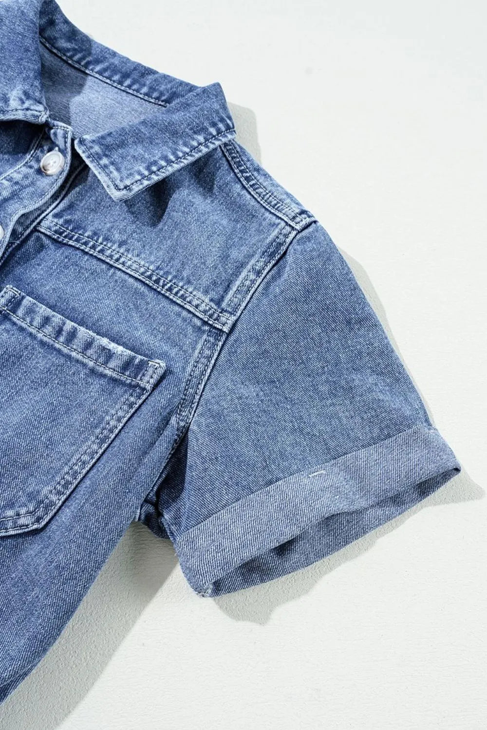 Chest Pocket Front Buttoned Folded Edge Denim Short Sleeve Romper - Valley Mimosa
